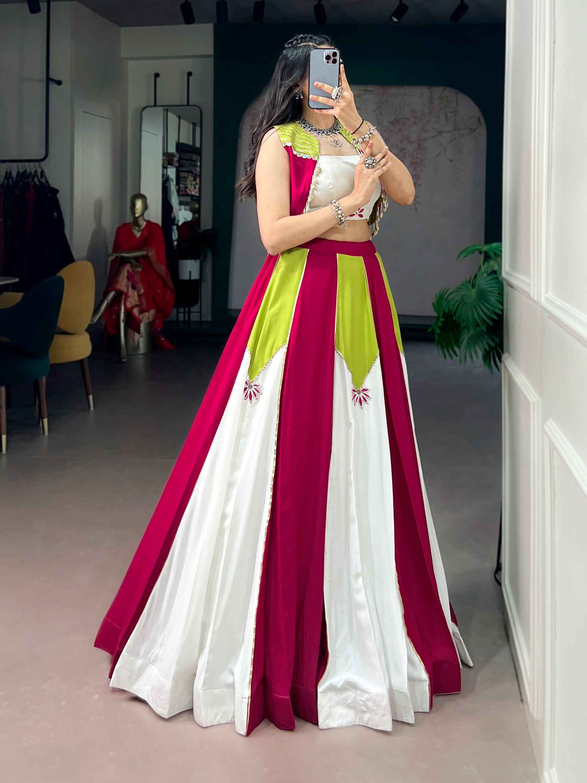 PURE RAYON CONTRAST PANEL DESIGNER NAVRATRI LEHENGA CHOLI
