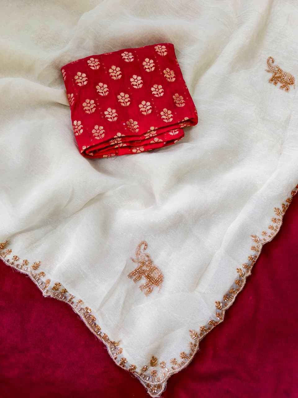 PURE SOFT SATIN ELEPHANT AND BUTTERFLY HANDWORK SAREE