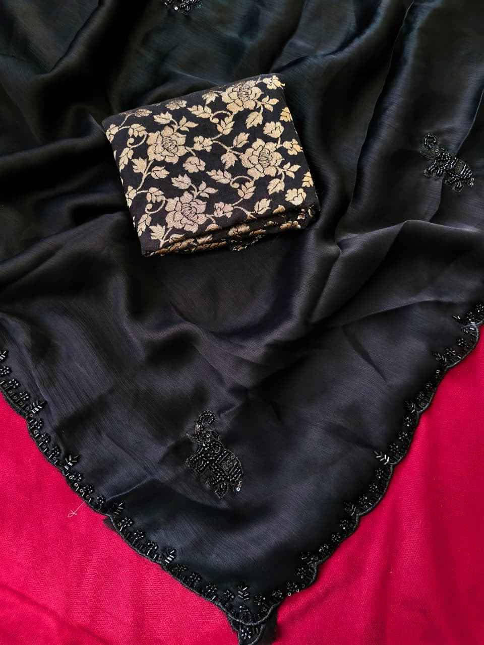 PURE SOFT SATIN ELEPHANT AND BUTTERFLY HANDWORK SAREE