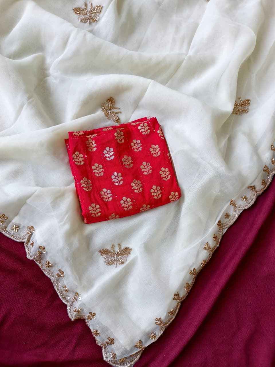 PURE SOFT SATIN ELEPHANT AND BUTTERFLY HANDWORK SAREE