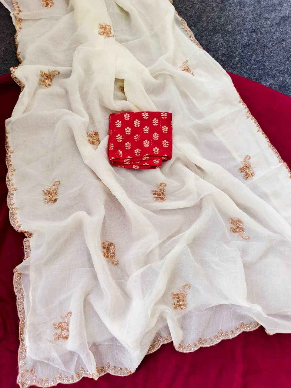 PURE SOFT SATIN ELEPHANT AND BUTTERFLY HANDWORK SAREE