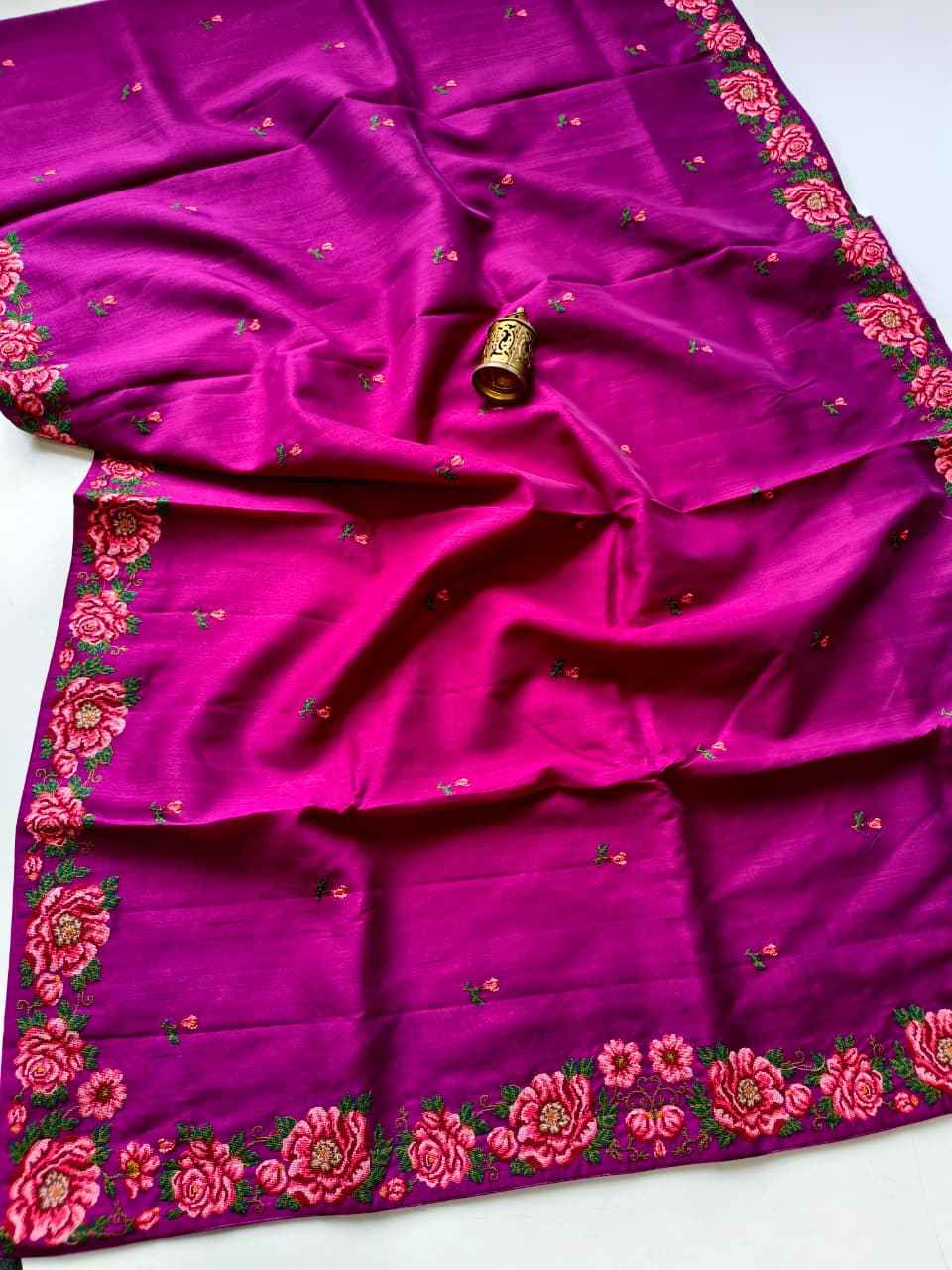 PURE VISCOSE TUSSAR PETITE POINT EMBRODIED SAREE 