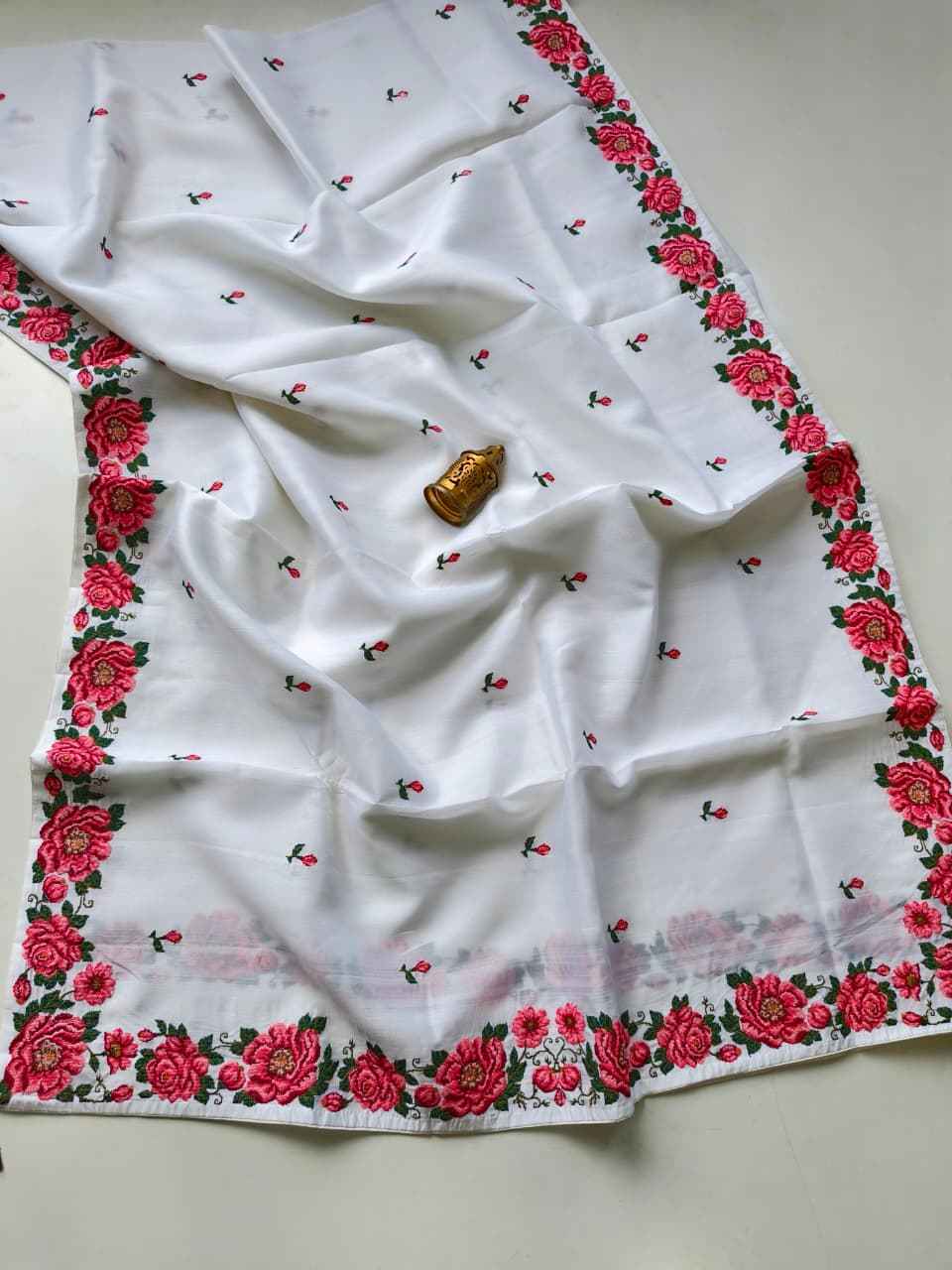 PURE VISCOSE TUSSAR PETITE POINT EMBRODIED SAREE 