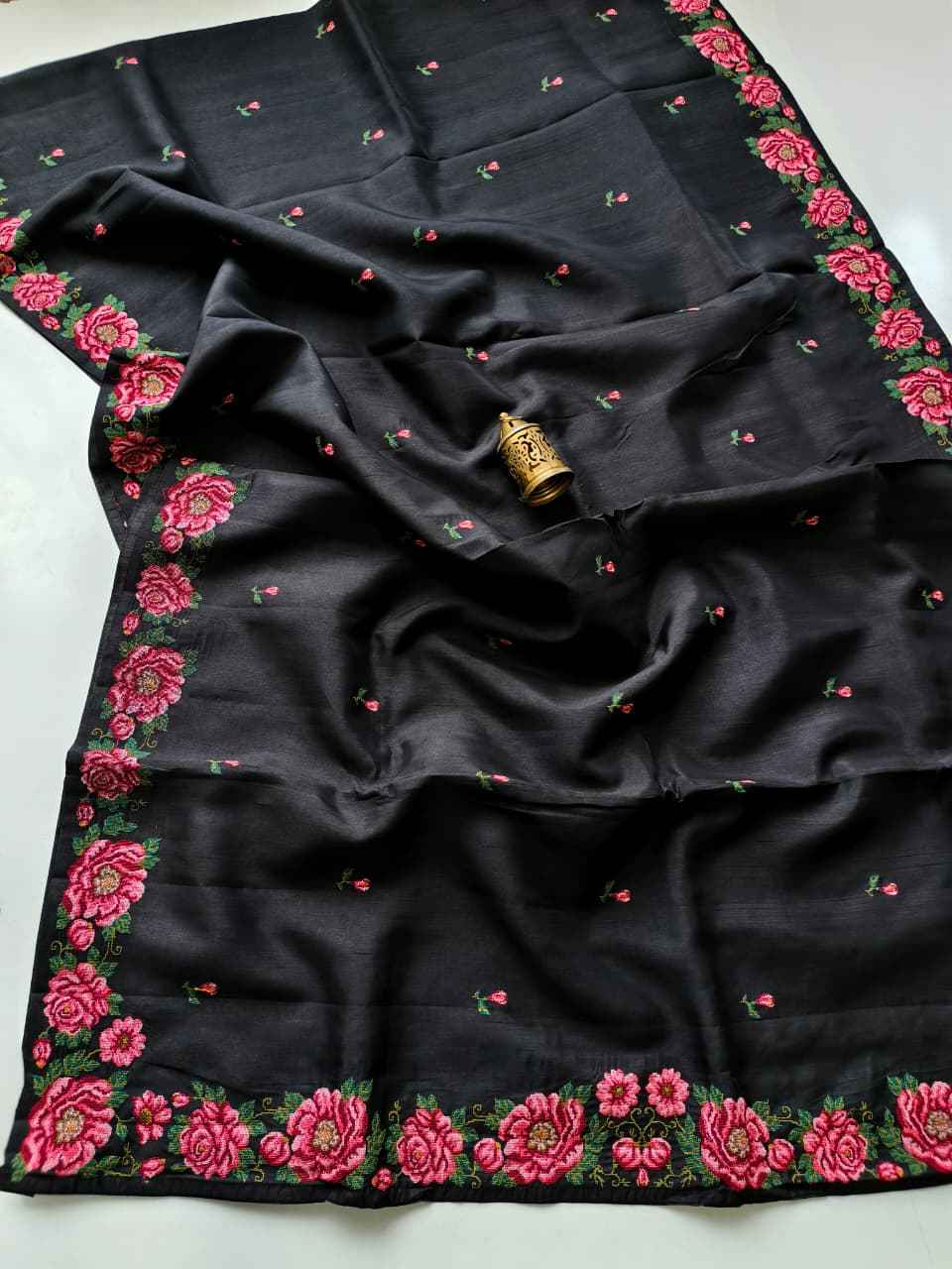 PURE VISCOSE TUSSAR PETITE POINT EMBRODIED SAREE 