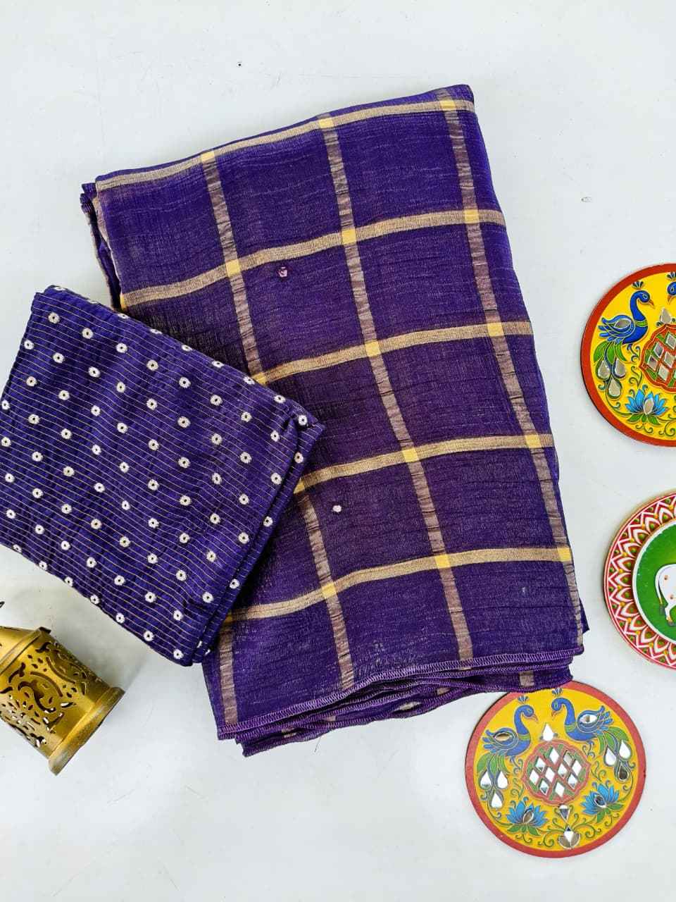 PURE ZARI CHIFFON CHEX DESIGN MIRROR WORK SAREE