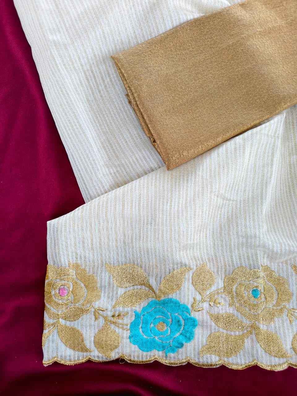 PURE ZARI LINING TUSSAR THREAD EMBROIDED SAREE 
