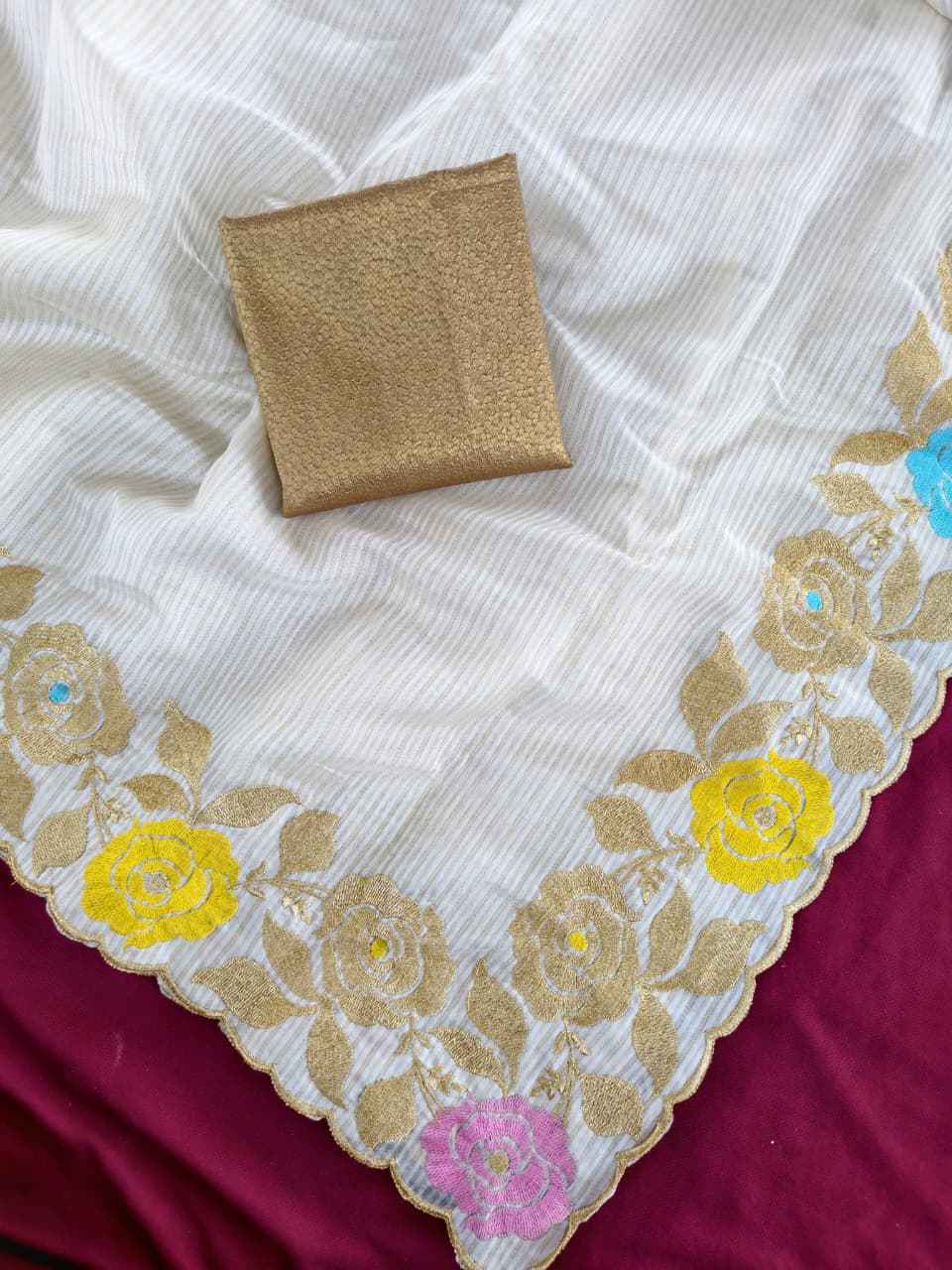 PURE ZARI LINING TUSSAR THREAD EMBROIDED SAREE 