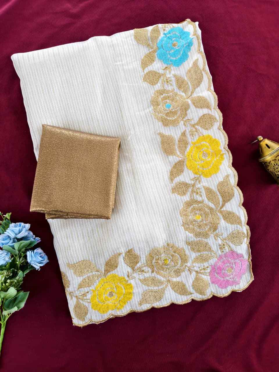PURE ZARI LINING TUSSAR THREAD EMBROIDED SAREE 