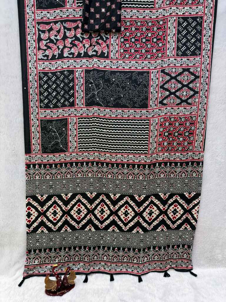 SOFT SATIN CREP AJARAKH PRINT REAL MIRROR WORK SAREE