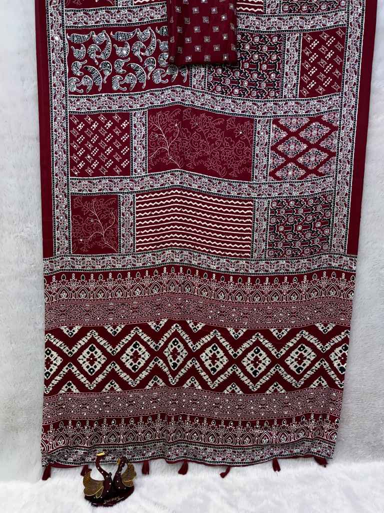 SOFT SATIN CREP AJARAKH PRINT REAL MIRROR WORK SAREE
