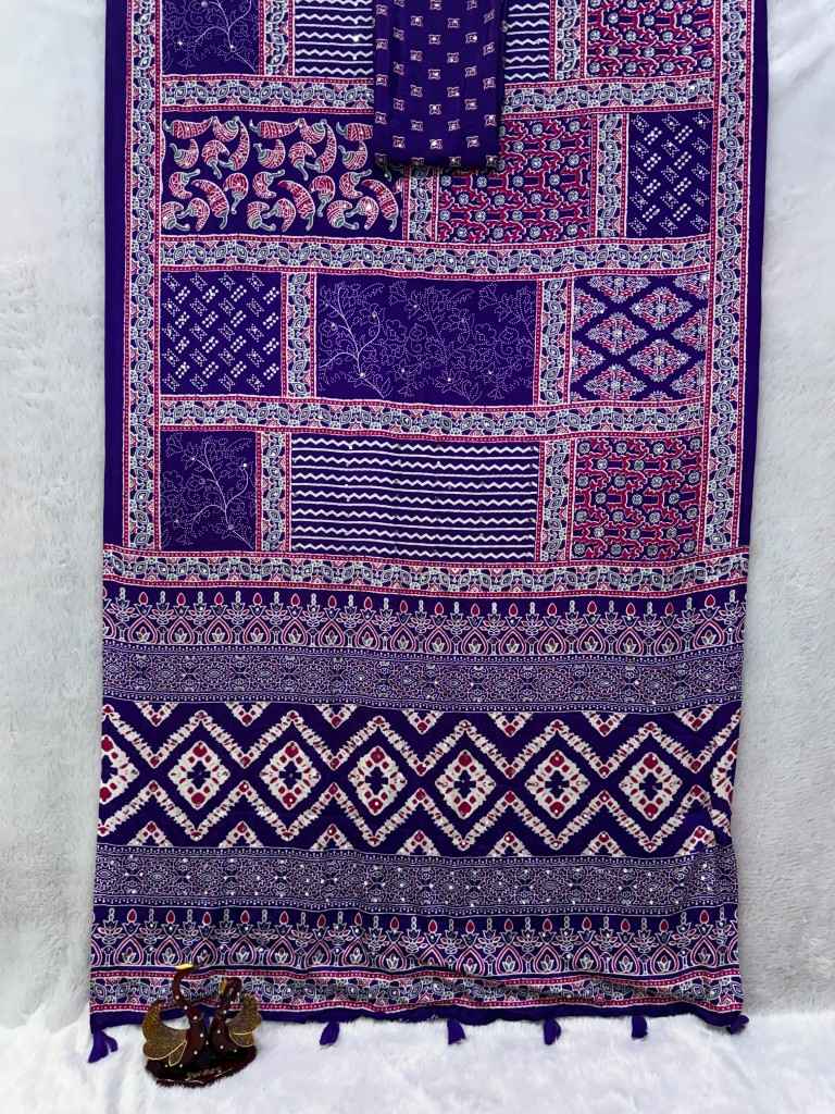 SOFT SATIN CREP AJARAKH PRINT REAL MIRROR WORK SAREE