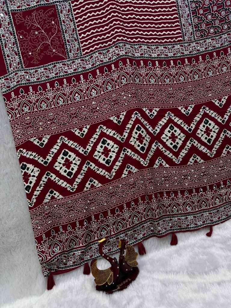 SOFT SATIN CREP AJARAKH PRINT REAL MIRROR WORK SAREE