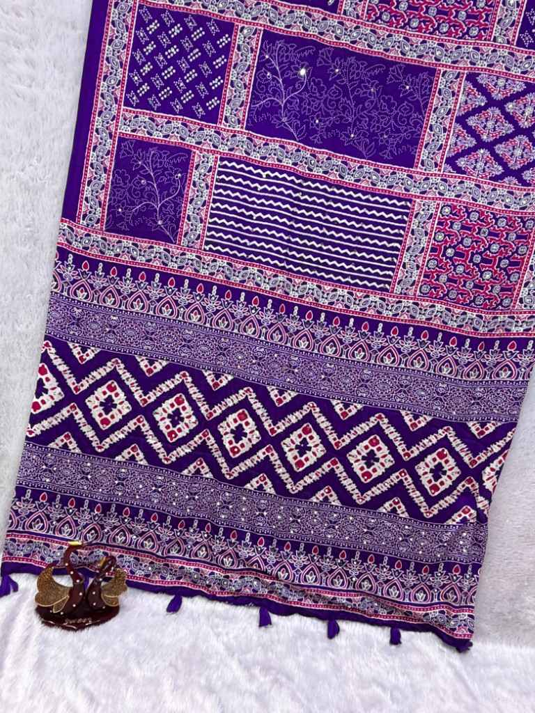 SOFT SATIN CREP AJARAKH PRINT REAL MIRROR WORK SAREE