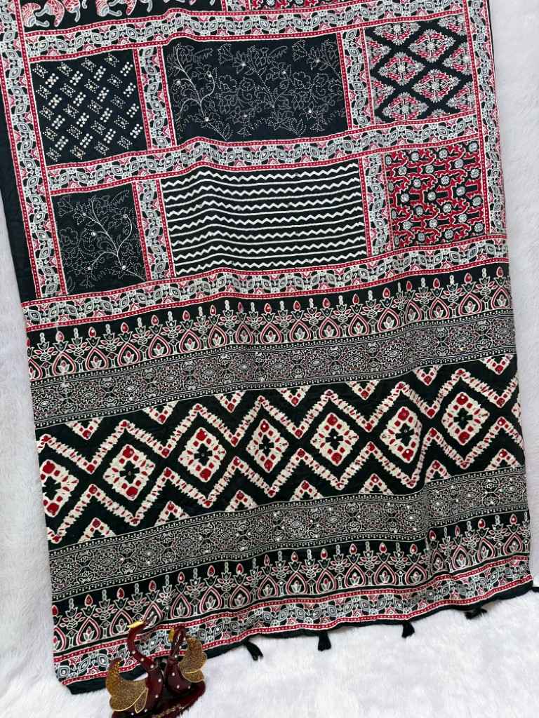 SOFT SATIN CREP AJARAKH PRINT REAL MIRROR WORK SAREE