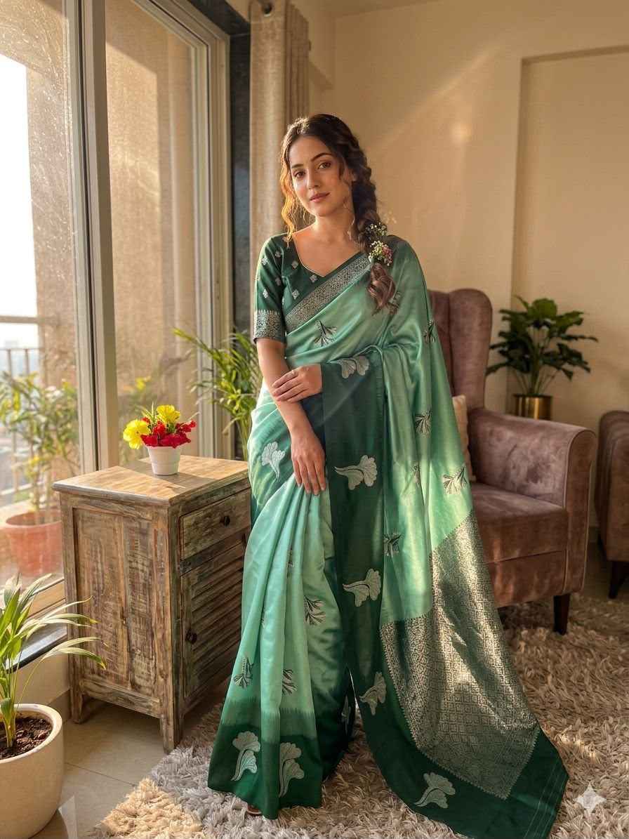 SOFT BANARASI SILK WITH FLOWERS MINA ZARI WEAVING SAREE 