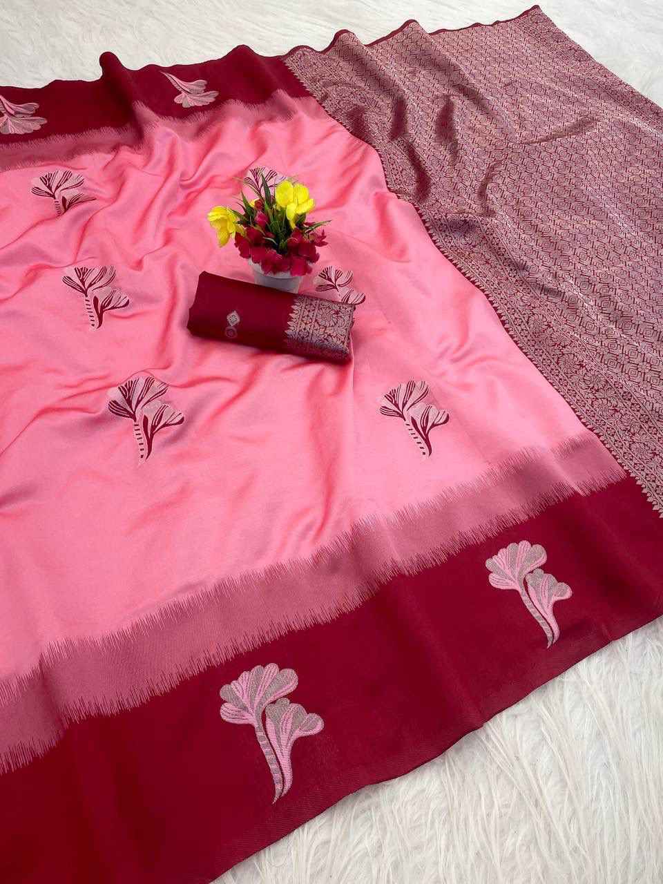 SOFT BANARASI SILK WITH FLOWERS MINA ZARI WEAVING SAREE 