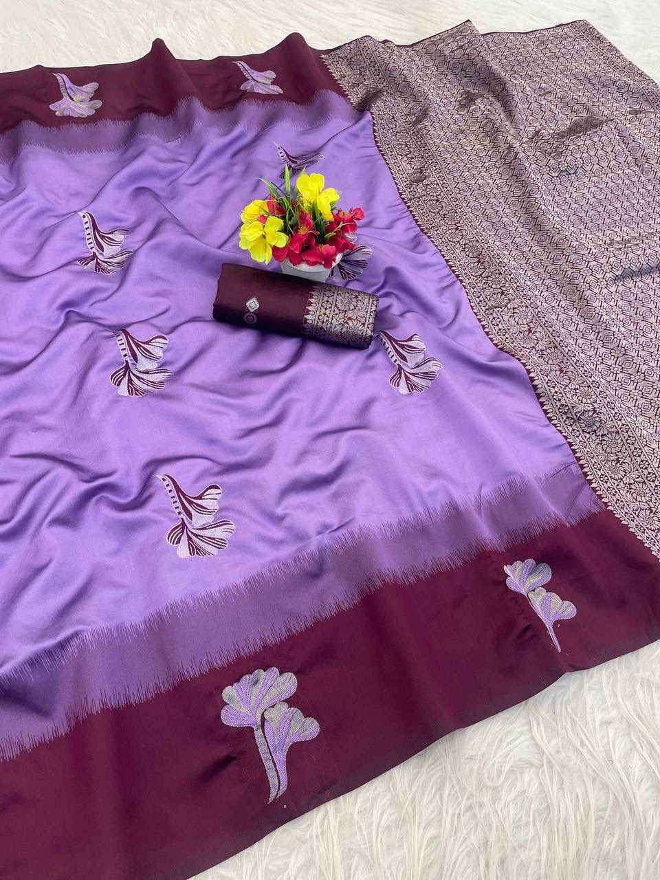 SOFT BANARASI SILK WITH FLOWERS MINA ZARI WEAVING SAREE 