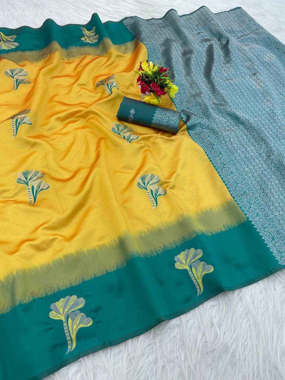 SOFT BANARASI SILK WITH FLOWERS MINA ZARI WEAVING SAREE 
