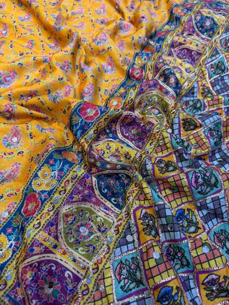 SOFT CHINNON SILK GOLD ZARI RIBBON MIRROR WORK SAREE 