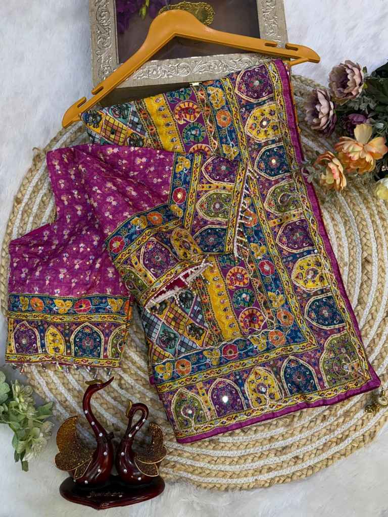 SOFT CHINNON SILK GOLD ZARI RIBBON MIRROR WORK SAREE 