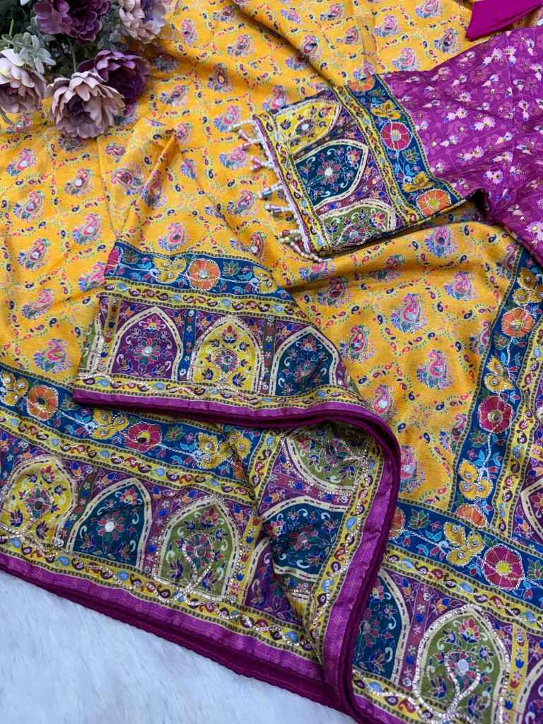 SOFT CHINNON SILK GOLD ZARI RIBBON MIRROR WORK SAREE 