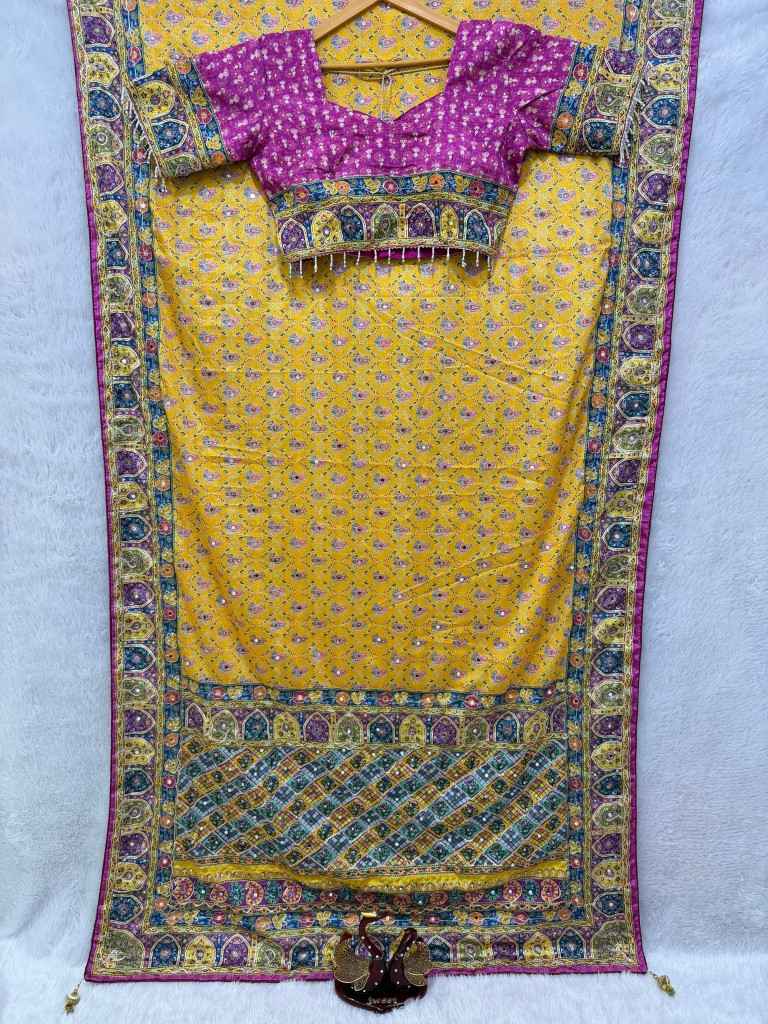 SOFT CHINNON SILK GOLD ZARI RIBBON MIRROR WORK SAREE 