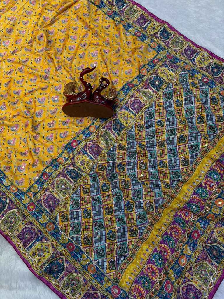 SOFT CHINNON SILK GOLD ZARI RIBBON MIRROR WORK SAREE 