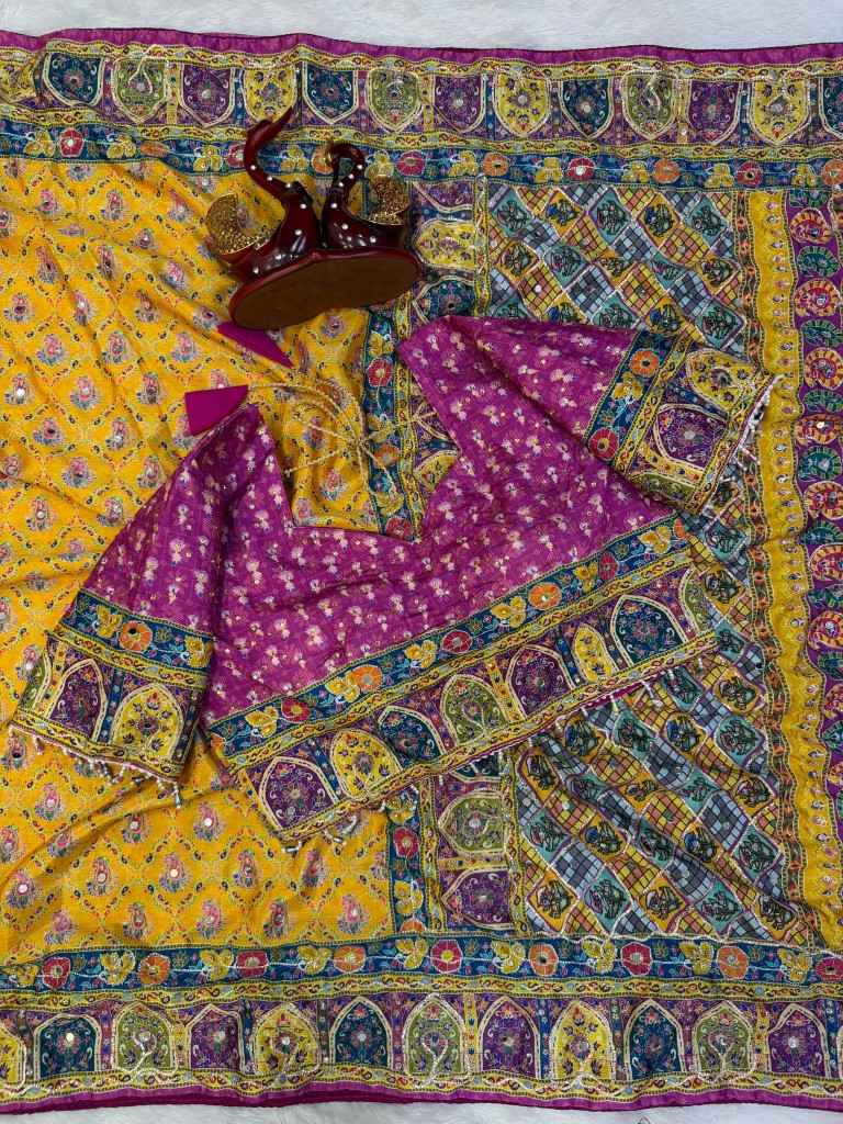 SOFT CHINNON SILK GOLD ZARI RIBBON MIRROR WORK SAREE 