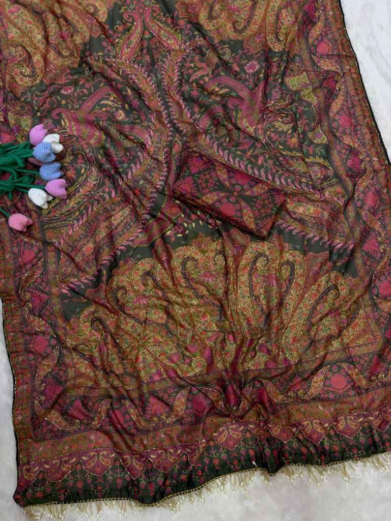 SOFT COSMO SILK PRINT KATDANA AND MIRROR HAND WORK SAREE