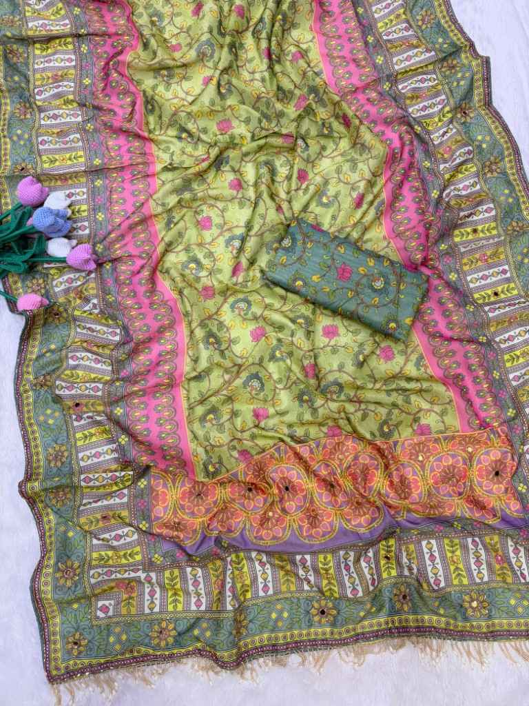 SOFT COSMO SILK PRINT KATDANA AND MIRROR HAND WORK SAREE