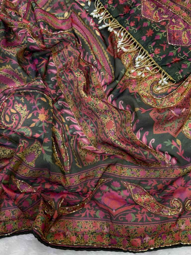 SOFT COSMO SILK PRINT KATDANA AND MIRROR HAND WORK SAREE