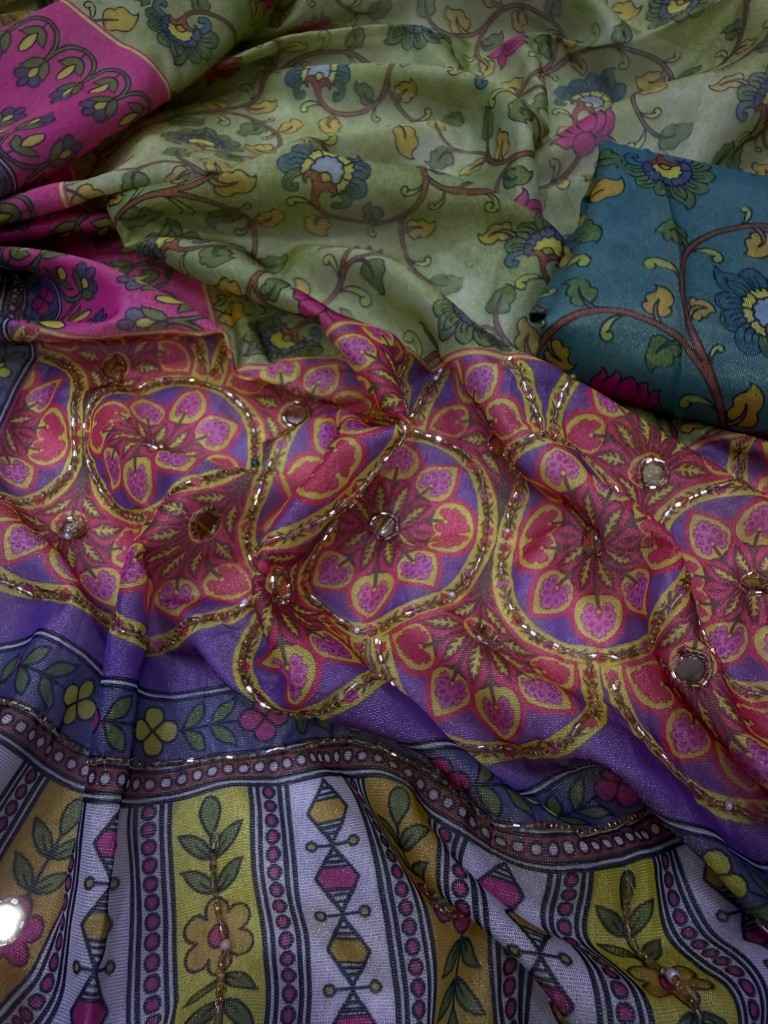 SOFT COSMO SILK PRINT KATDANA AND MIRROR HAND WORK SAREE