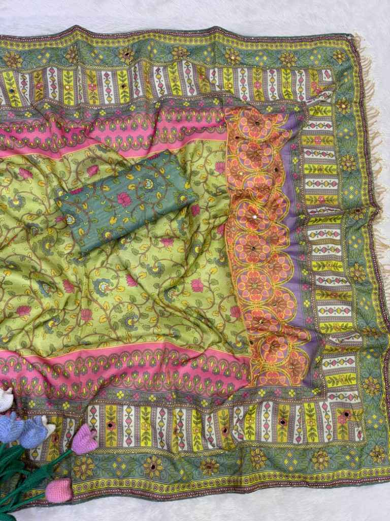 SOFT COSMO SILK PRINT KATDANA AND MIRROR HAND WORK SAREE