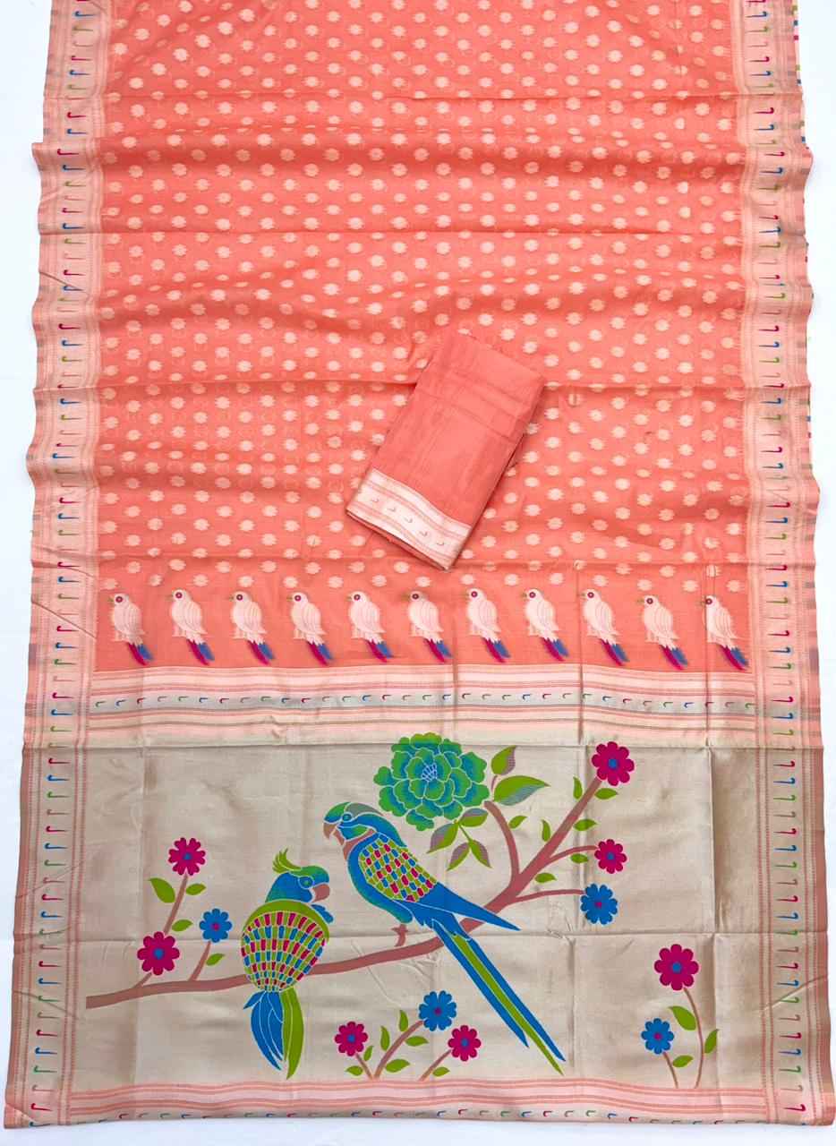 SOFT COTTON TISSUE ZARI WEAVING PAITHANI ISPAN SAREE 