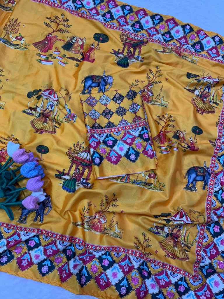 SOFT CREP SATIN PICHWAI PRINT KATDANA HANDWORK SAREE