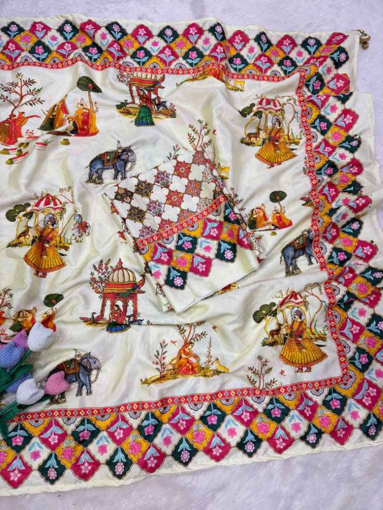 SOFT CREP SATIN PICHWAI PRINT KATDANA HANDWORK SAREE