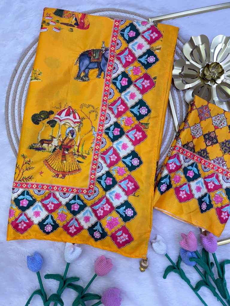 SOFT CREP SATIN PICHWAI PRINT KATDANA HANDWORK SAREE