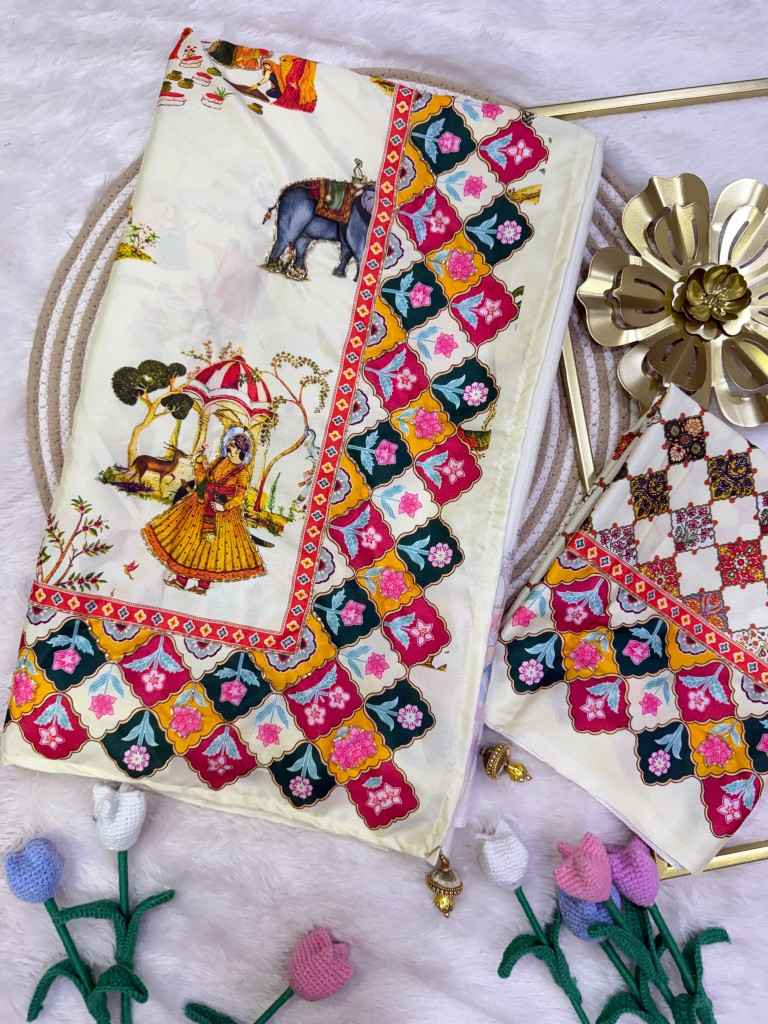SOFT CREP SATIN PICHWAI PRINT KATDANA HANDWORK SAREE