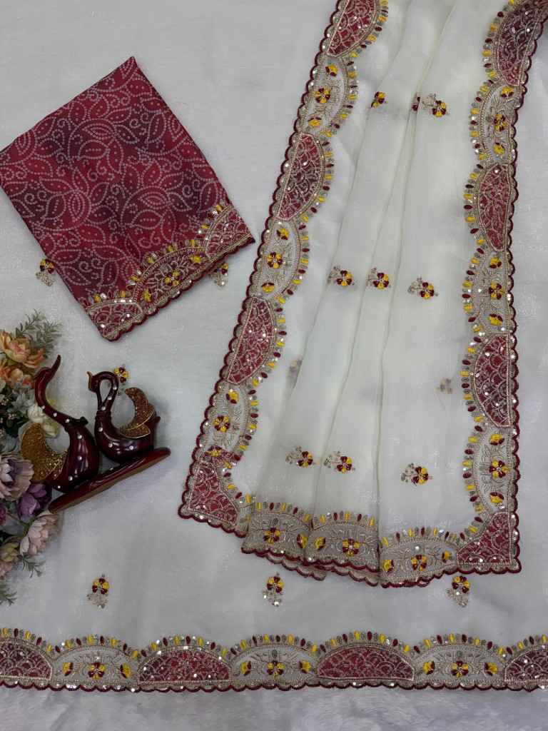 SOFT CRUNCHY SILK APLIC SEQUINS THREAD EMBROIDERY WORK SAREE