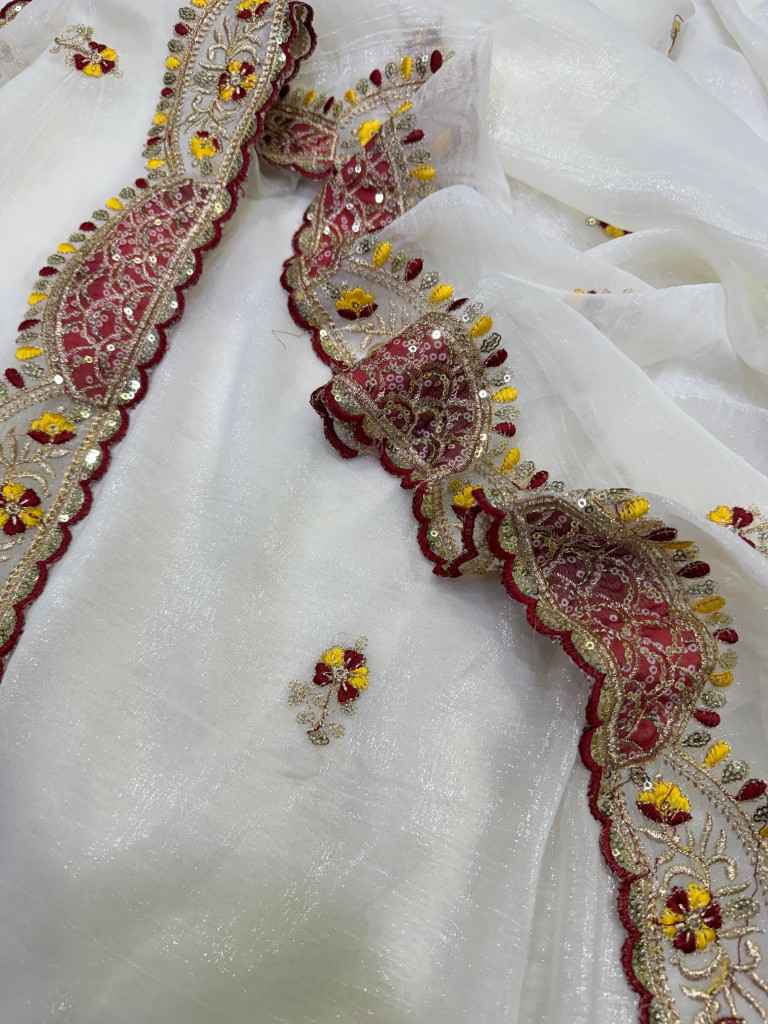 SOFT CRUNCHY SILK APLIC SEQUINS THREAD EMBROIDERY WORK SAREE