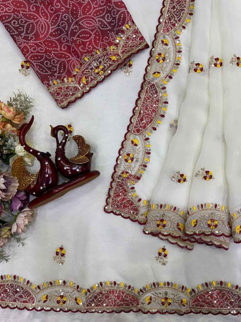 SOFT CRUNCHY SILK APLIC SEQUINS THREAD EMBROIDERY WORK SAREE