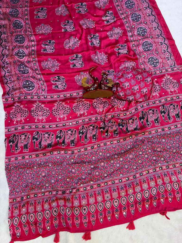 SOFT JAPAN SATIN AJARAKH PRINT REAL MIRROR WORK SAREE 1
