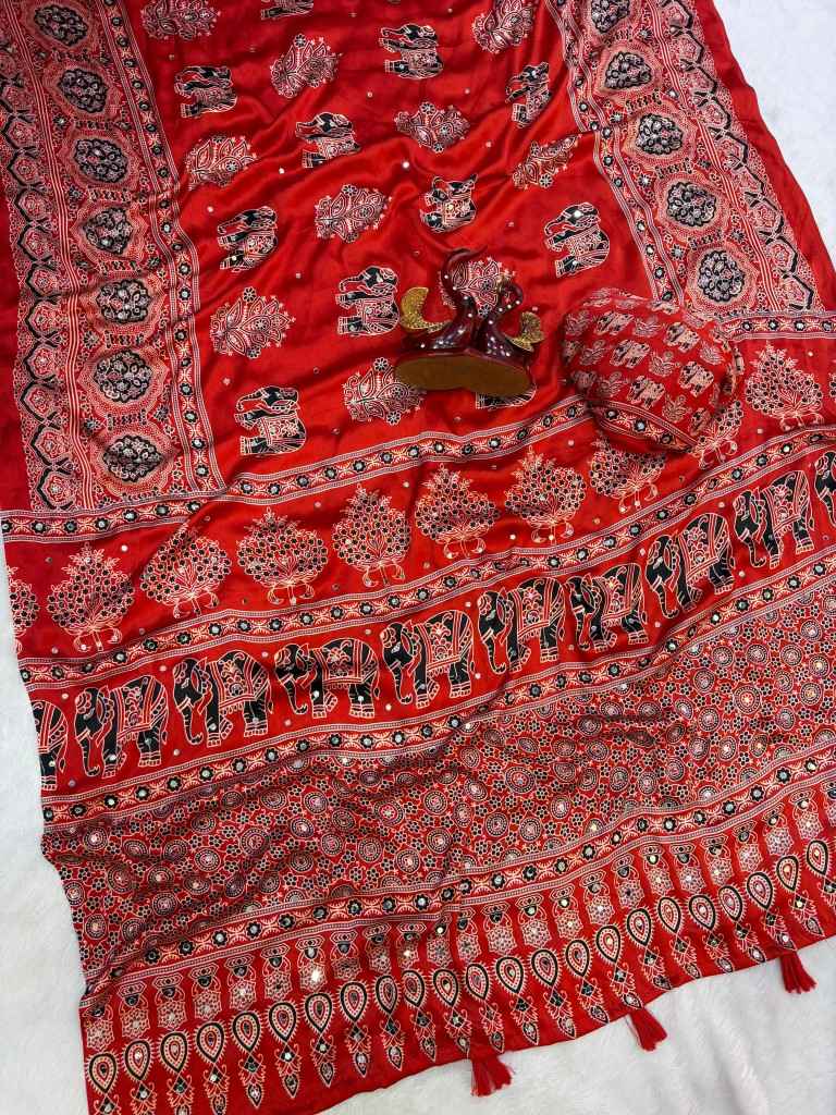 SOFT JAPAN SATIN AJARAKH PRINT REAL MIRROR WORK SAREE 1