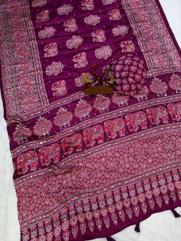 SOFT JAPAN SATIN AJARAKH PRINT REAL MIRROR WORK SAREE 1