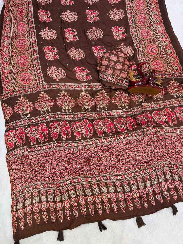 SOFT JAPAN SATIN AJARAKH PRINT REAL MIRROR WORK SAREE 1