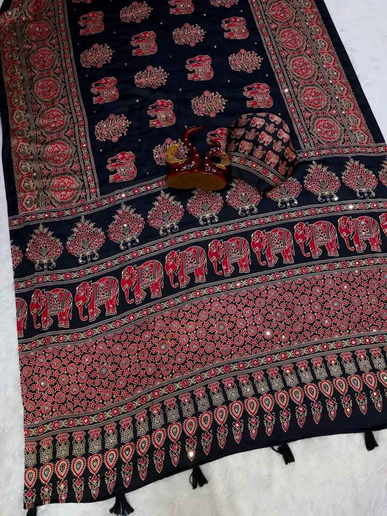 SOFT JAPAN SATIN AJARAKH PRINT REAL MIRROR WORK SAREE 1