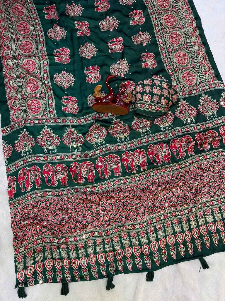SOFT JAPAN SATIN AJARAKH PRINT REAL MIRROR WORK SAREE 1