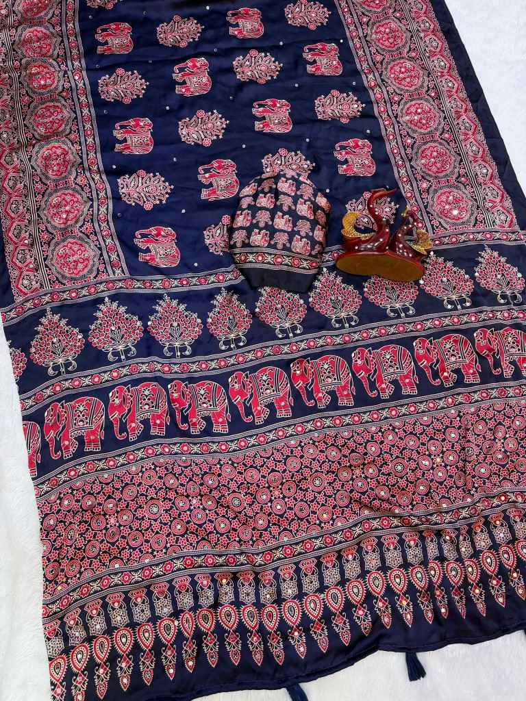 SOFT JAPAN SATIN AJARAKH PRINT REAL MIRROR WORK SAREE 1