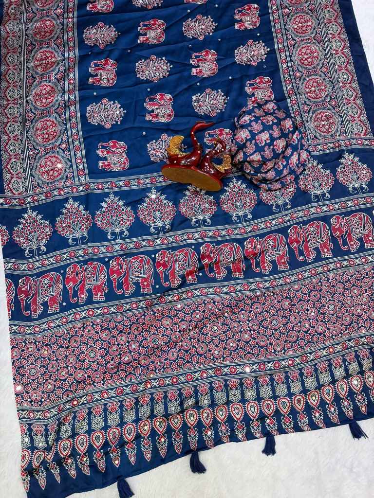 SOFT JAPAN SATIN AJARAKH PRINT REAL MIRROR WORK SAREE 1