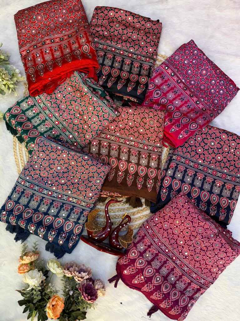 SOFT JAPAN SATIN AJARAKH PRINT REAL MIRROR WORK SAREE 1